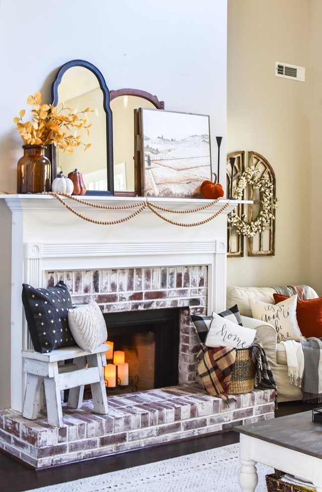 Modern farmhouse Fall mantel and living room decor-19